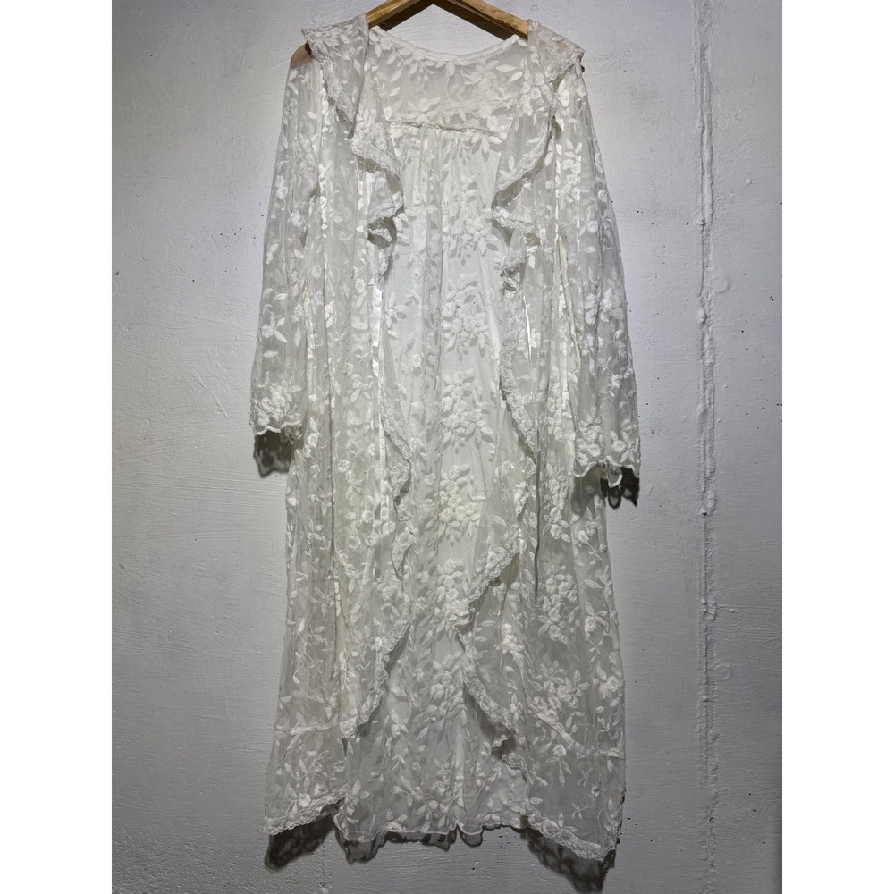 Vintage Womens White Floral Lace Long Robe Sheer Ruffle Bridal Peignoir Duster